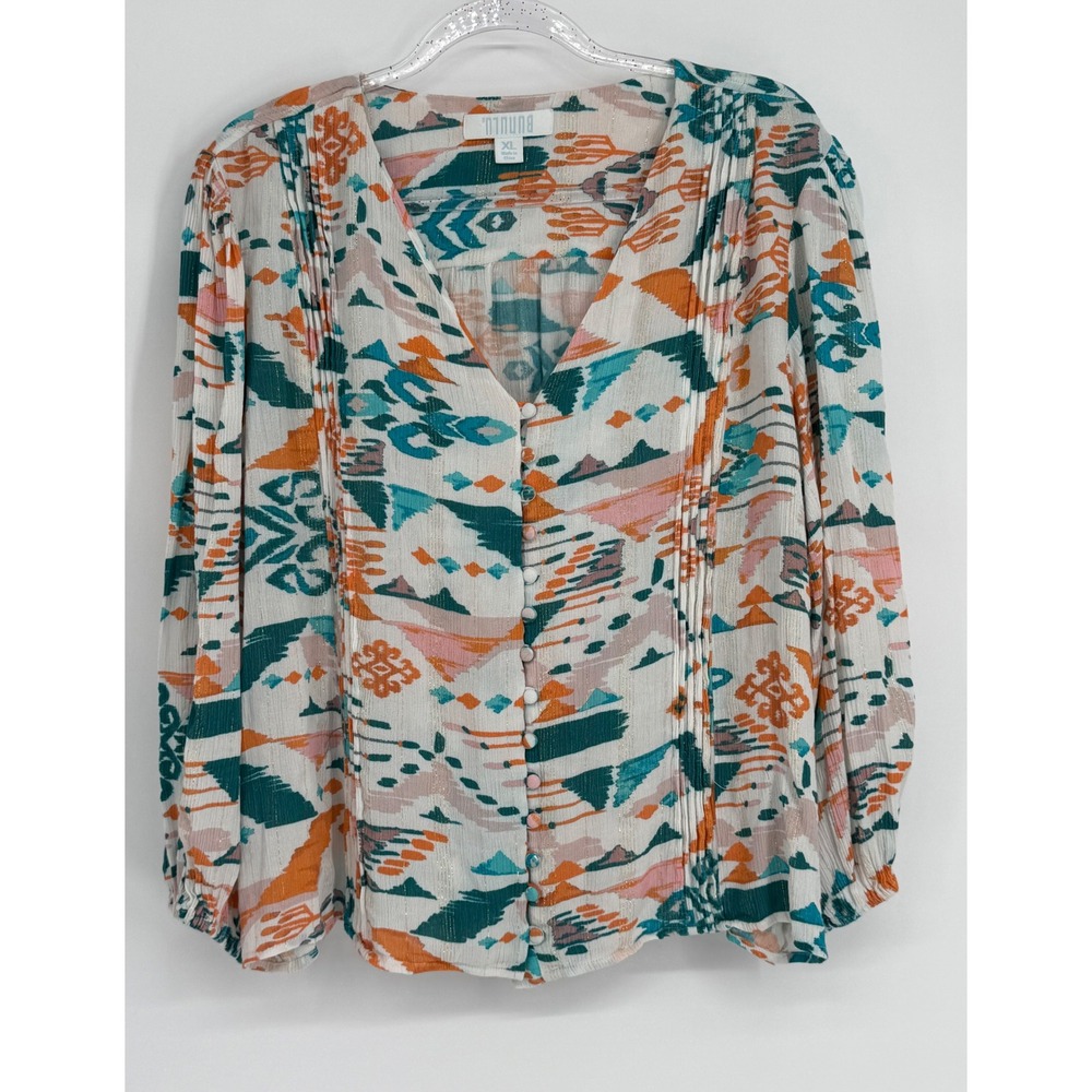 Bunulu Womens Sz XL Blouse Ikat Print Gold Metallic V-Neck Button Front